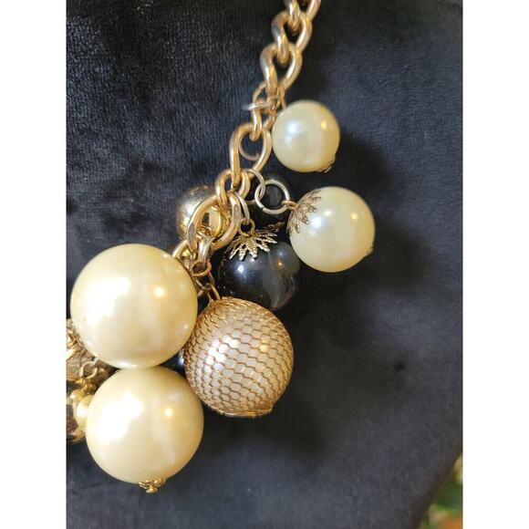 Women's Gold Pearl Black Beaded Necklace Lobster Clasp Chunky Statement - Picture 3 of 6